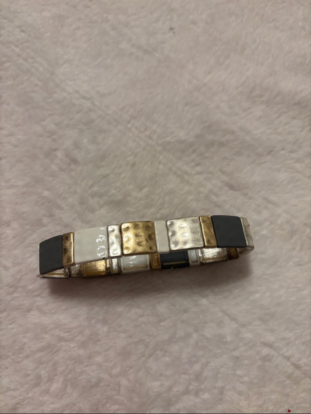 Plunder Gold, Silver, Black and White Tile Stretch Bracelet